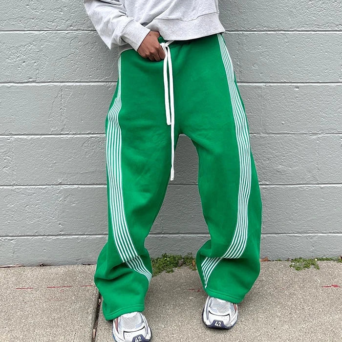 Huili Factory Hot Selling Heavyweight Cotton Drawstring Waist Wide Leg Sweatpants Men Baggy Oversized Striped Side Sweat Pants