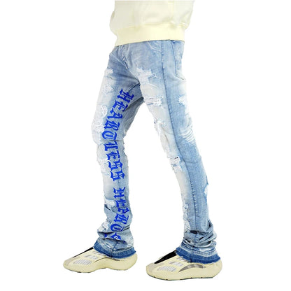 Manufacturer wholesale streetwear letter printed ripped denim jeans custom distressed jeans flare designer stacked jeans men