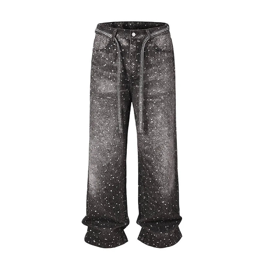 Manufacturer High Quality Straight Leg Wash Denim Pants Customized Crystal Rhinestone Print Belted Jeans