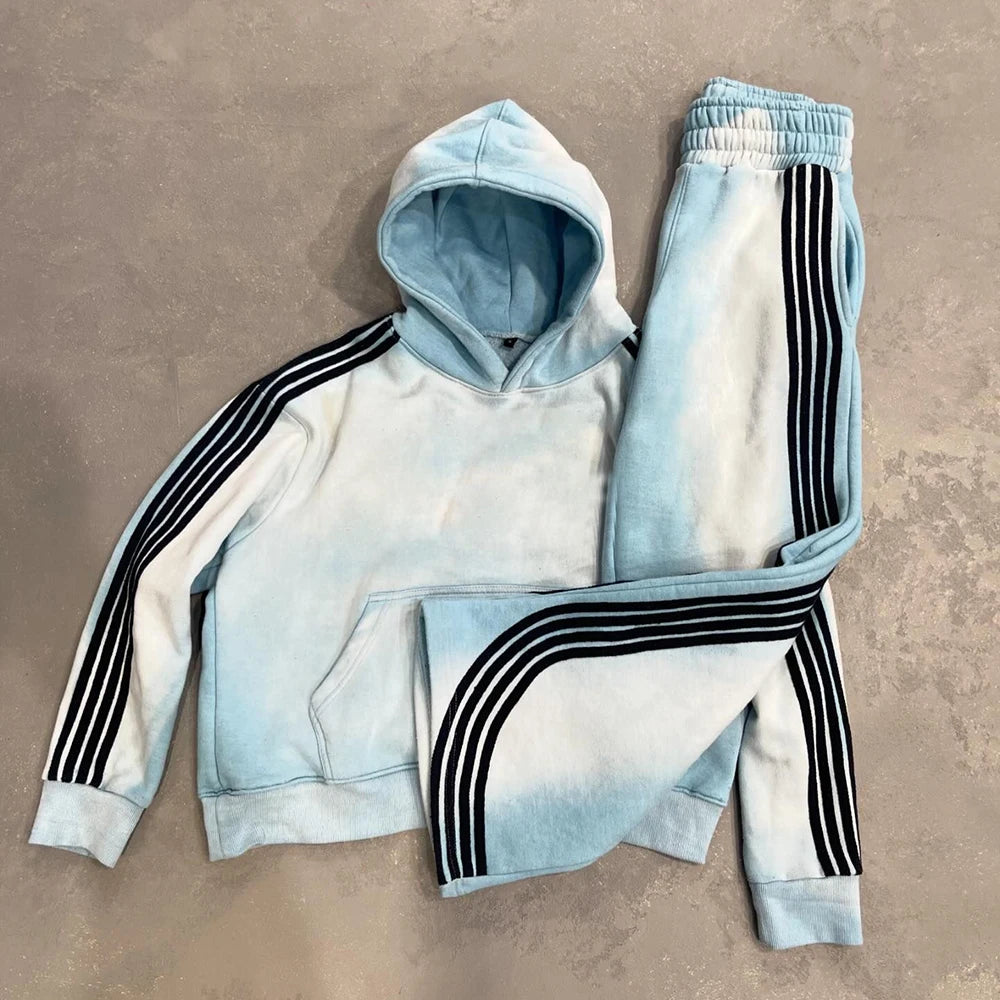 Huilin Manufacturer Heavyweight Cotton Two Piece Set Hoodie Sweatpants Custom Vintage Washed Sunfaded Men Striped Tracksuits Set