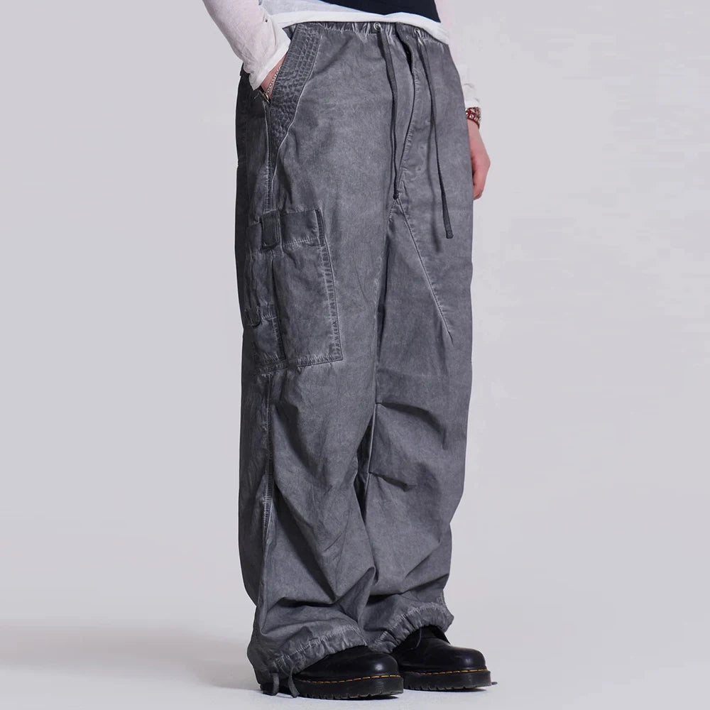 Huilin Manufacturer Wholesale Baggy Wide Leg Cargo Track Pants Men Custom Oil Washed Vintage Grey Oversized Parachute Pants