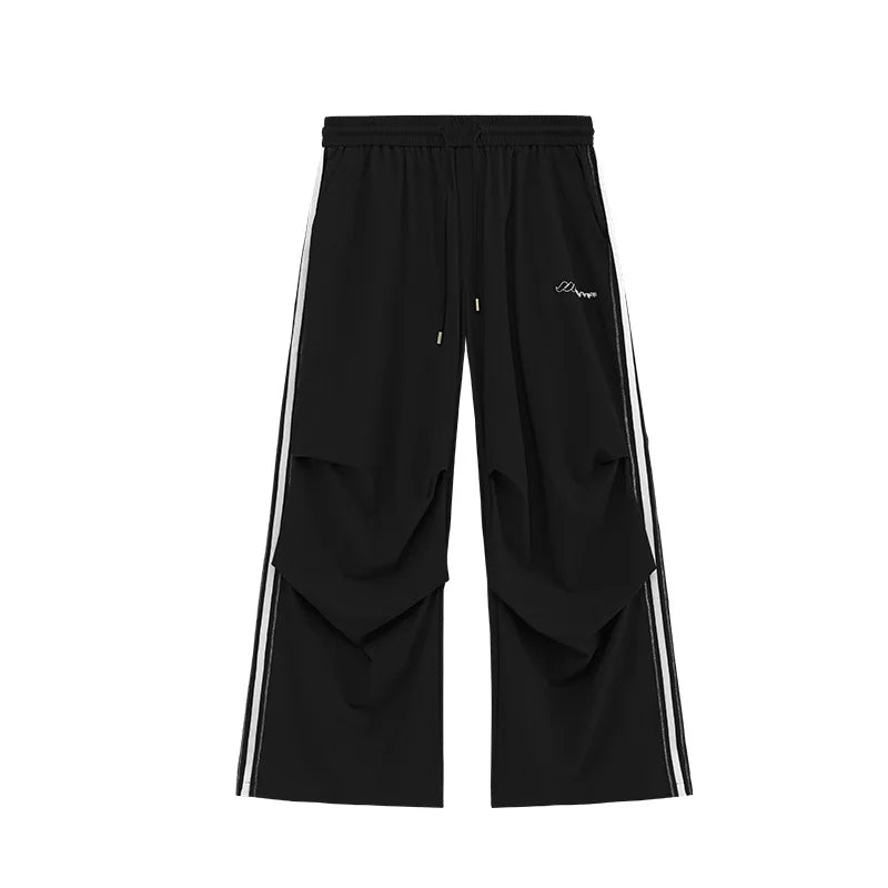 Huilin Custom Double Knee Wide Leg Cargo Track Pants Men Contrast Stitching Oversized Fit Baggy Parachute Pants