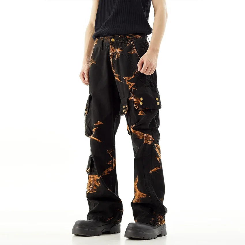 Factory Custom Flame Tie-Dye Jeans Pants Men Slim Fit Multi-Pocket Utility Cargo Denim Jeans