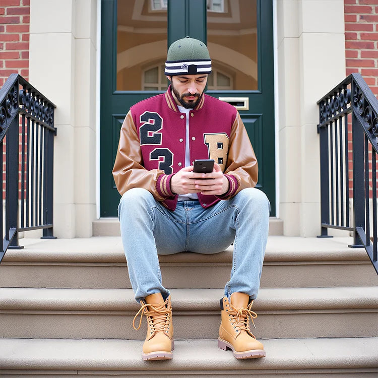 Brown PU Sleeve Patchwork Maroon Letterman Jacket Men Simple Monogrammed Embroidered Varsity Jacket Custom