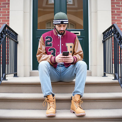 Brown PU Sleeve Patchwork Maroon Letterman Jacket Men Simple Monogrammed Embroidered Varsity Jacket Custom