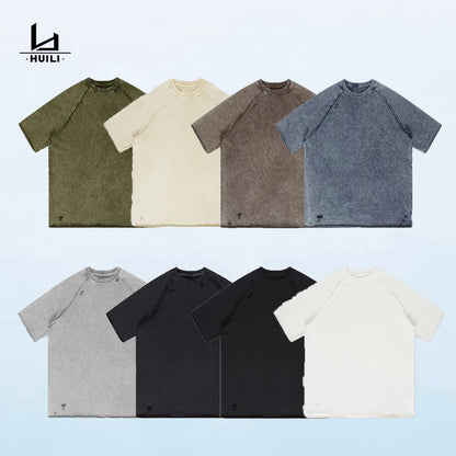 Manufacturer Summer Custom 320 GSM Heavy Weight Acid Washed Raw Edge T Shirt Unisex Drop Shoulder Hem Tee Tshirt Men