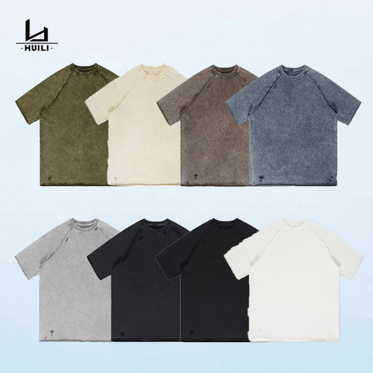 Huili Manufacturer Summer Custom 320 GSM Heavy Weight Acid Washed Raw Edge T Shirt Unisex Drop Shoulder Hem Tee Tshirt Men