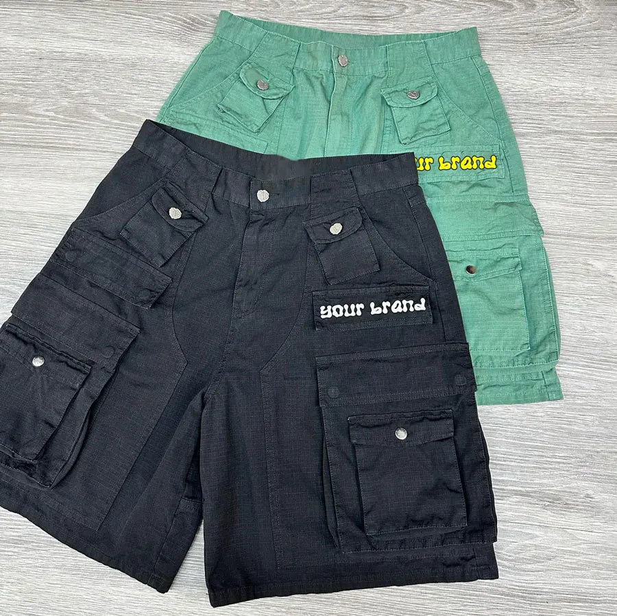 Huilin Factory Oem 100% Cotton Streetwear Cargo Shorts Oversized Fit Men Custom Logo Printing Utility Pockets Cotton Shorts