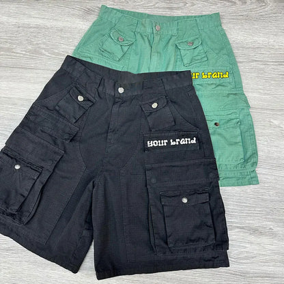 100% Cotton Streetwear Cargo Shorts Oversized Fit Men Custom Logo Printing Utility Pockets Cotton Shorts