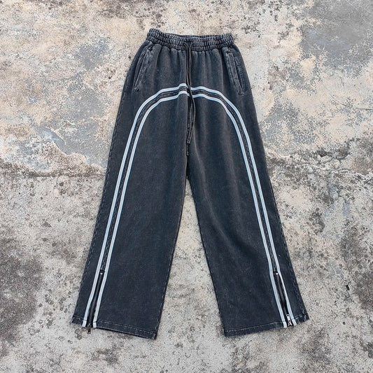 Acid Wash Streetwear Thick Cotton Sweatpants Custom Striped Design Men Zip up Wide Leg Heavyweight Vintage Sweatpants