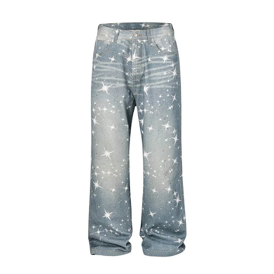 Wholesale Custom Streetwear Fashion Rhinestone Srar Jeans Men Rhinestone Embellished Star Print Jeans Pants