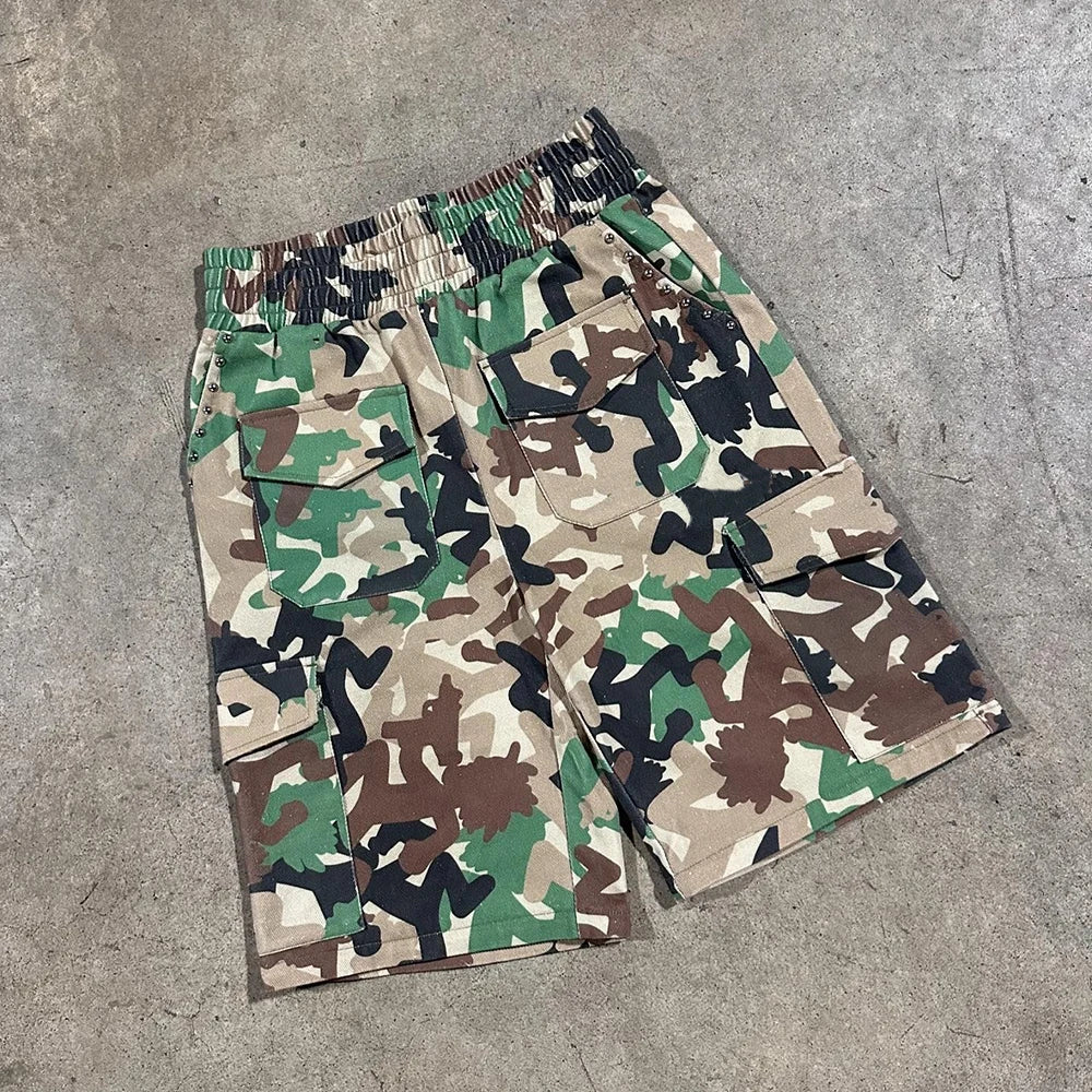 Huilin Factory Oem 100% Cotton Multi Pockets Cargo Pants Men Custom Allover Camo Patten Printed Convertible 2In1Cargo Pants