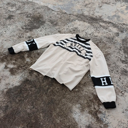 Custom 100% Cotton Heavyweight Oversized T-shirt Embroidery logo Men Color Block Raw Hem Boxy Long Sleeve T Shirt
