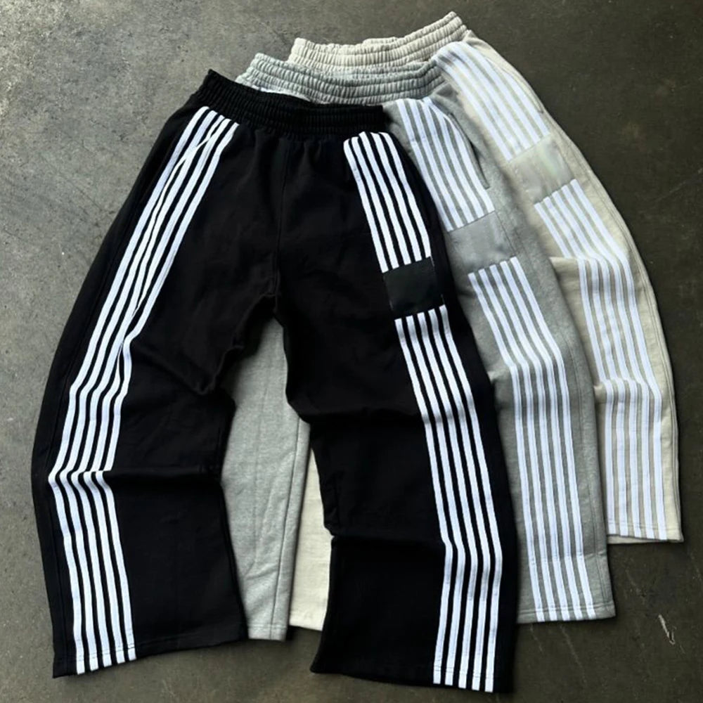 Huilin New Trend Streetwear Heavyweight Cotton Jogger Sweat Pants Custom Striped Side Men Wide Leg Baggy Sweatpants