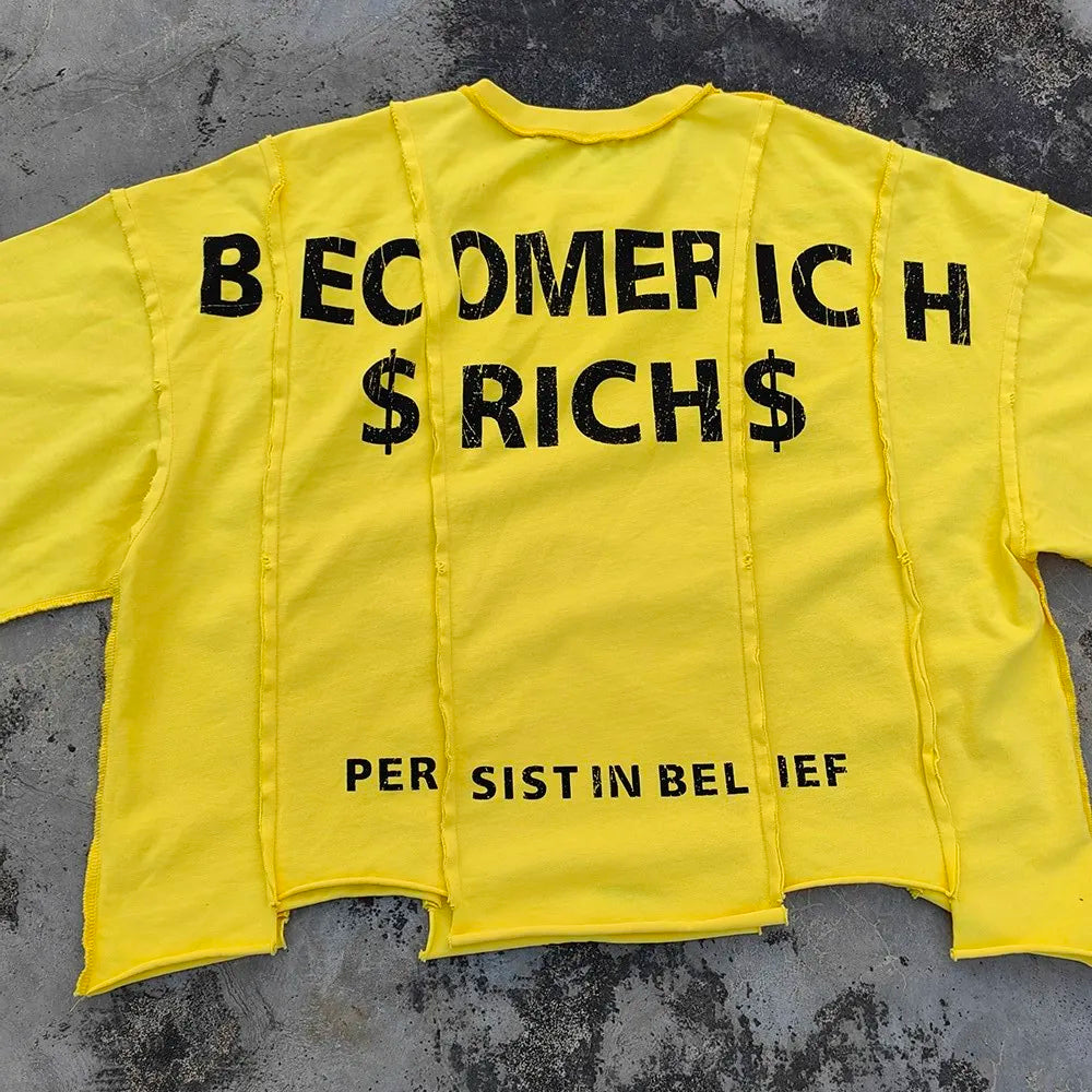 Printing Reversed Stitching Spliced Panel Unisex Streetwear Boxy Tshirts Custom Thick Cotton Men Raw Hem Cropped T Shirts