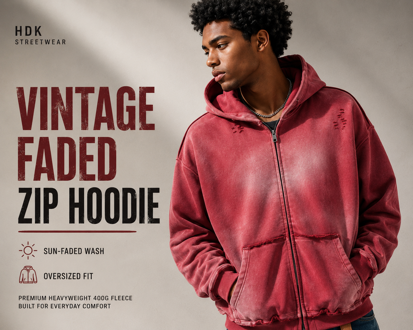 Vintage Washed Zip Up Hoodie Heavyweight 400G Oversized Faded Hoodie Y2K Streetwear Full Zip Jacket