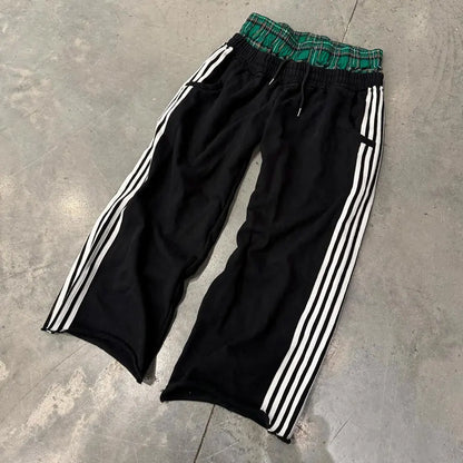 Oem Baggy Oversized Wide Leg Sweat Pants Men Custom Cut Edge Raw Hem Striped Side Double Waist Sweatpants