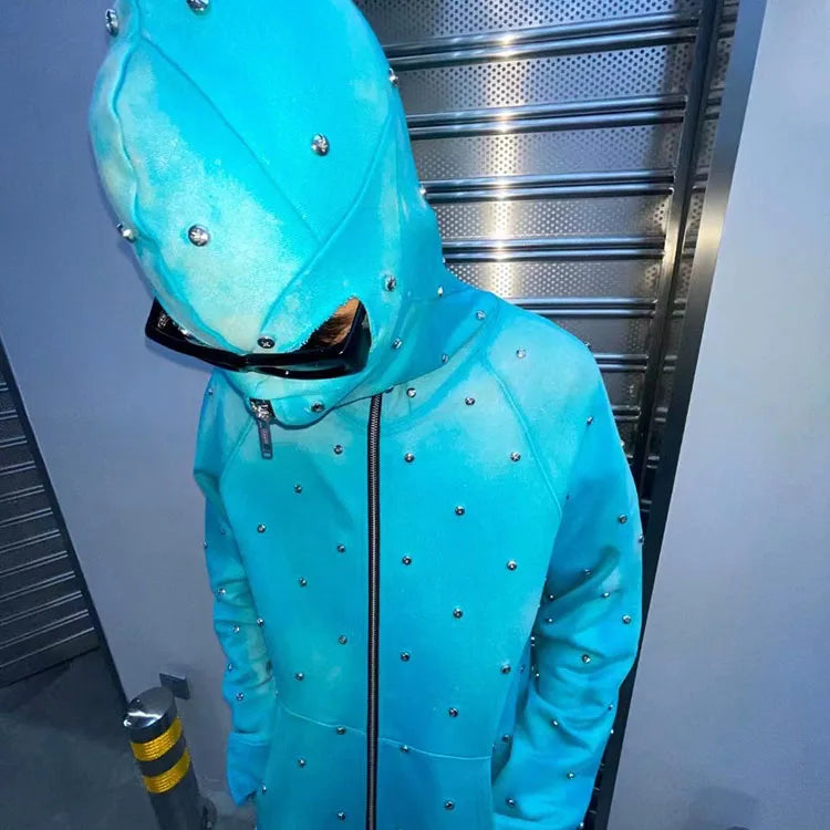 HL manufacturer wholesale winter spike rivet thick hoodie jacket OEM custom rhinestone full face zip up hoodie with eye holes