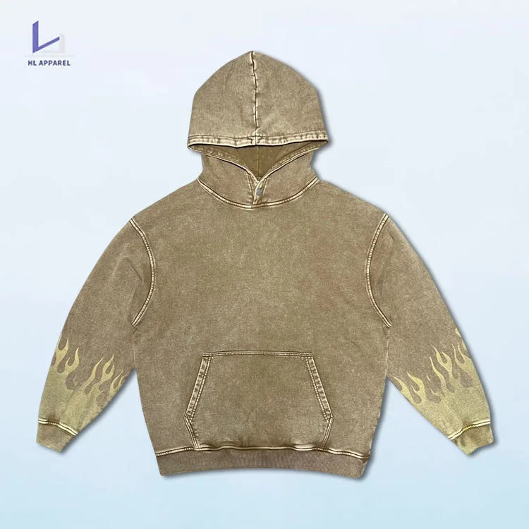 HL manufacturer wholesale men high quality stone wash flame hoodie custom logo print vintage acid wash bleaching hoodies