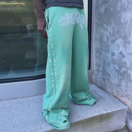 Distressed Washed Embroidery Logo Track Jogger Pants Mens Heavyweight Cotton Custom Rhinestone Baggy Wide Leg Sweatpants