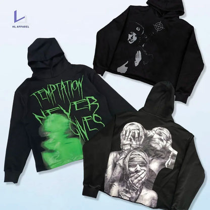 HL OEM Großhandel schwerer Baumwoll-Hoodie mit schwarzem Rohsaum, individuell bedruckter Y2K-Vintage-Grafik-Luxus-Hoodie für Männer 