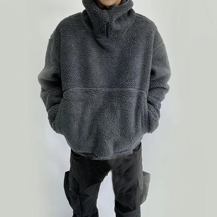 HL manufacturer wholesale black sherpa winter thick half zip cover face hoodie custom full face zip 400 gsm cotton fleece hoodie