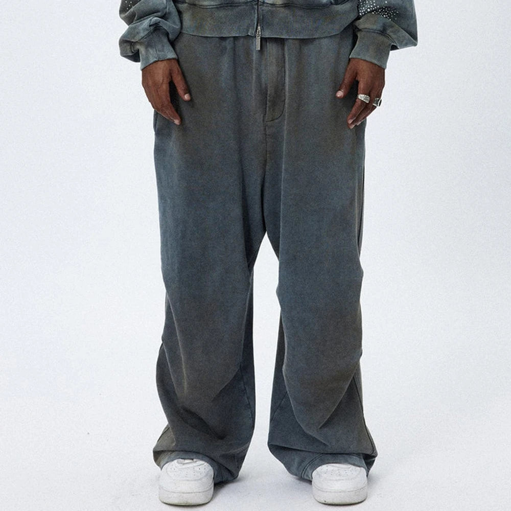 Huilin Hot Selling Heavyweight Cotton French Terry Sweatpants Men Custom Acid Vintage Washed Baggy Wide Leg Sweatpants