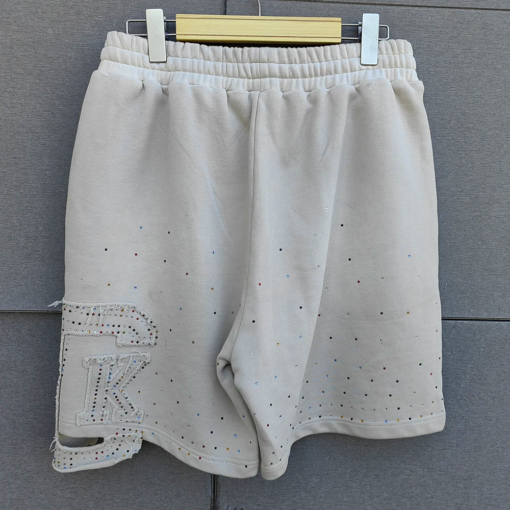 Huilin Oem Custom Distressed Applique Patch Embroidery French Terry Shorts Pants Sunfaded Washed Men Rhinestones Sweat Shorts