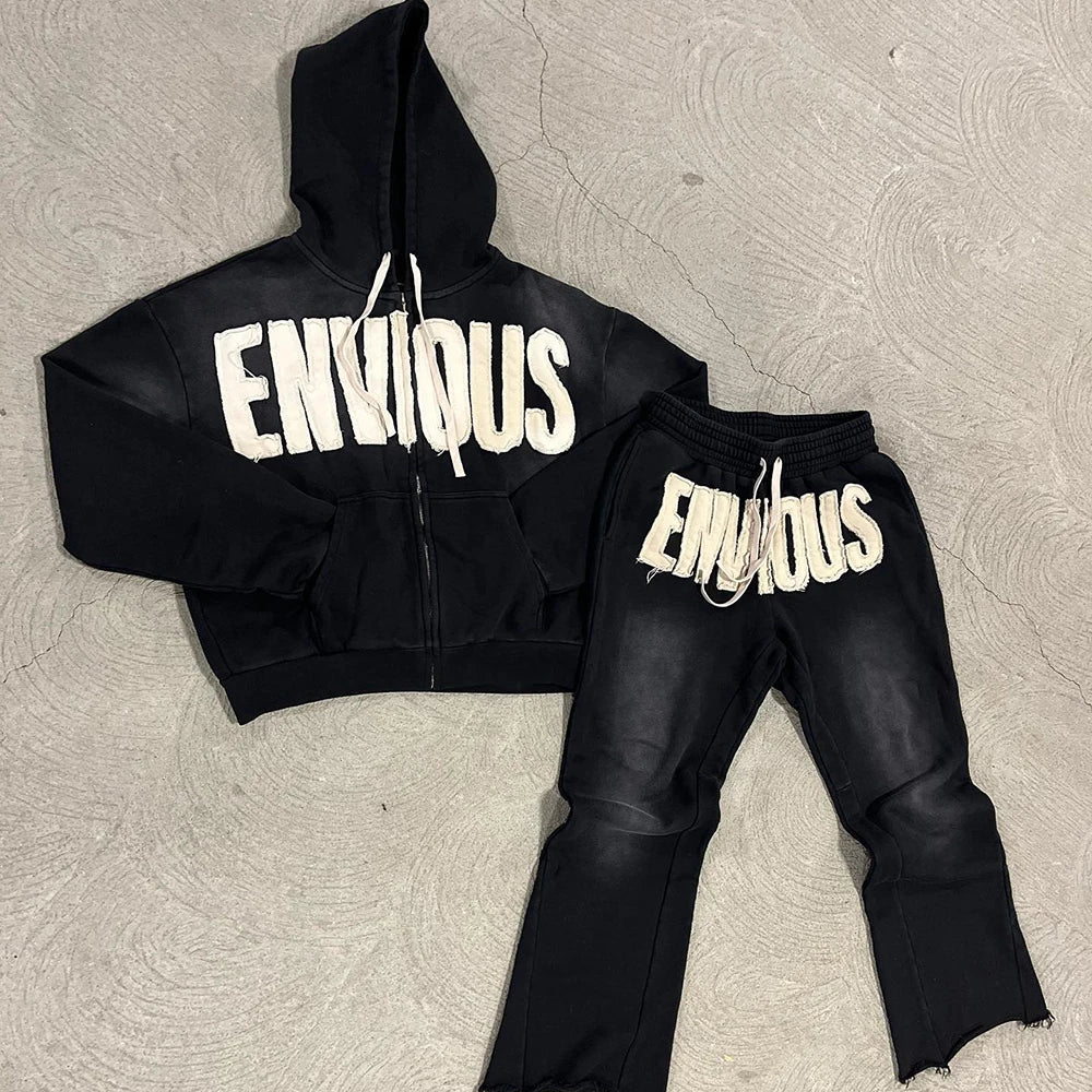 Oem Streetwear Tracksuits Sets Custom Embroidery Logo Applique Sweatsuits Men Two Piece Set Zip Up Hoodie Sweatpants