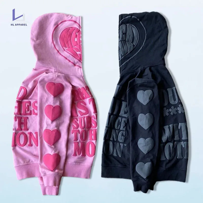 HL manufacturer wholesale full face zip 3D foam print unisex organic cotton full zip up jacket custom mens puff print hoodie