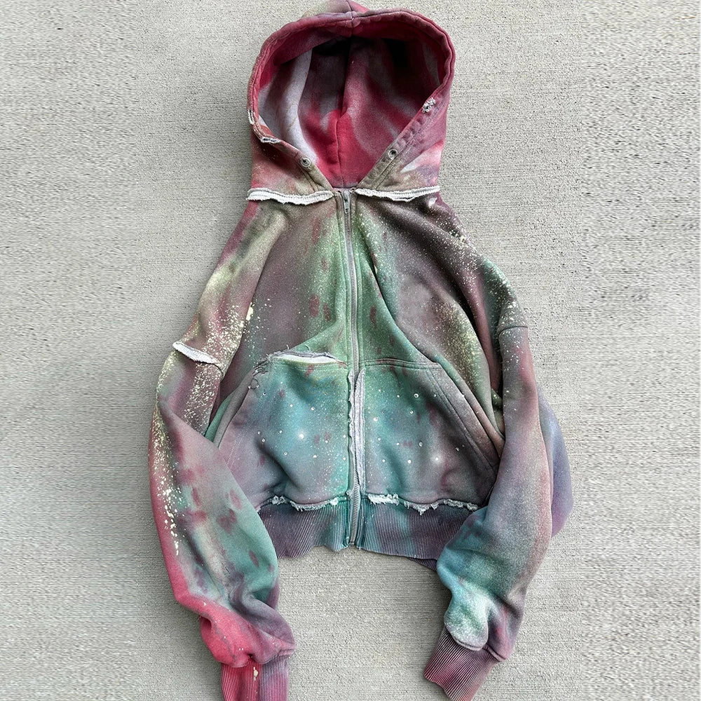 Huili One Stop Custom 500 Gsm Heavy Weight Acid Washed Zip Up Hoodie Men Splash Print Vintage Wash Distressed Sun Faded Hoodie