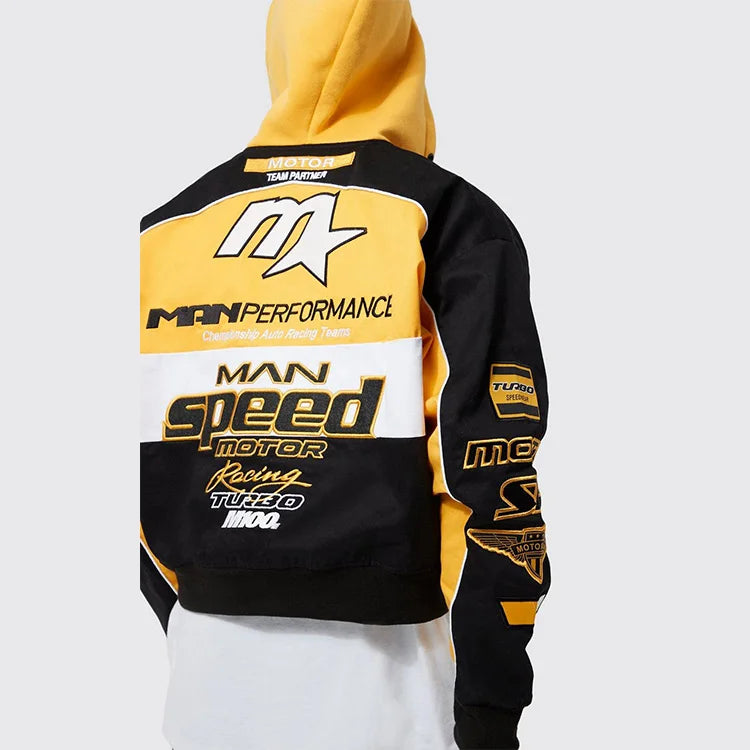 Chenille Embroidery Appliques Jacket Men Boxy Twill Jersey Hood Motorcycle Jacket Yellow Black Patchwork Race Car Jackets