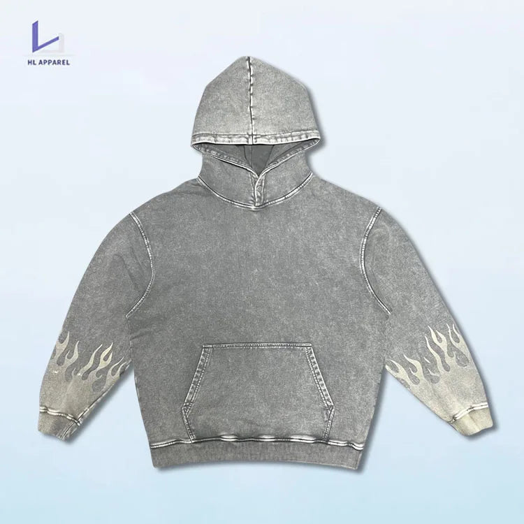 HL manufacturer wholesale men high quality stone wash flame hoodie custom logo print vintage acid wash bleaching hoodies