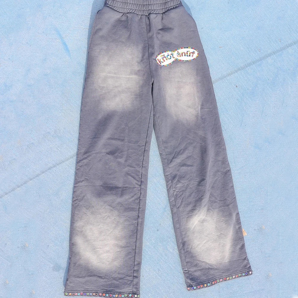 Custom Wholesale French Terry Trouser Sweatpants Mens Wide Leg Baggy Pants Oem Vintage Sunfaded Washed Rhinestone Sweatpants Men