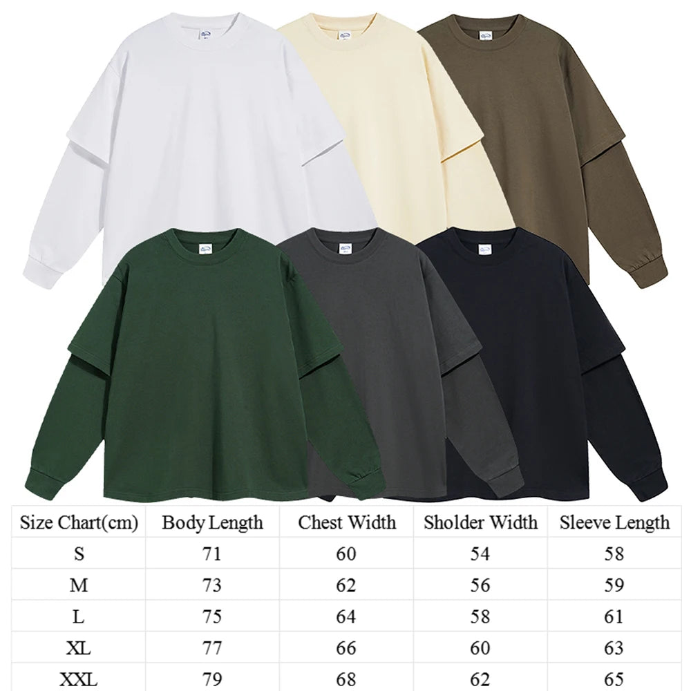 Huili Oem Unisex Loose Fit Oversized Solic Color Basic Tshirts 305Gsm Heavyweight Cotton Men Double Layer Long Sleeve T Shirt