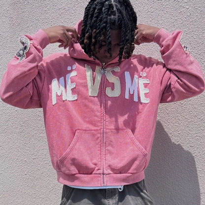 Oem High Quality Retro Washed Zip Up Hoodies Custom Oversized Fit Men Embroidery Logo Patched Rhinestone Vintage Hoodie