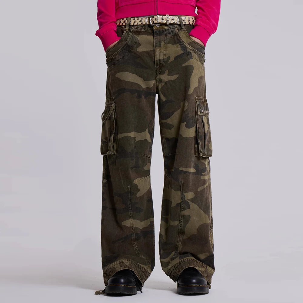 Huilin Manufacturer Oem Embroidery Logo Oversized Work Pants Wide Leg Men Thick Cotton Twill Camo Cargo Pants