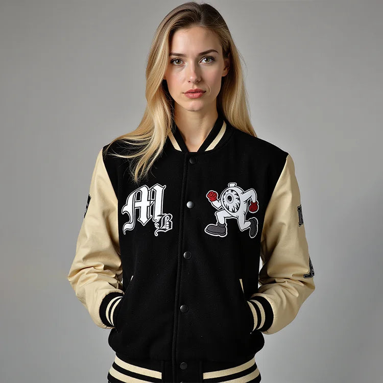 Thickened lining Winter Warm Baseball Jacket Leather Sleeve Fleece Fabric Patchwork Badge Embroidered Varsity Jacket