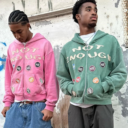 Oem High Quality Retro Washed Zip Up Hoodies Custom Oversized Fit Men Embroidery Logo Patched Rhinestone Vintage Hoodie