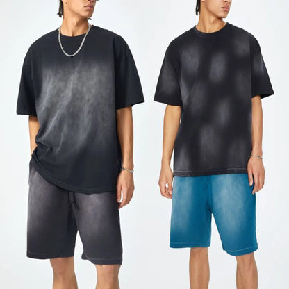 Heavyweight Cotton Supplier Low MOQ Vintage Spray Wash Blank Custom Logo Casual Crewneck Tee