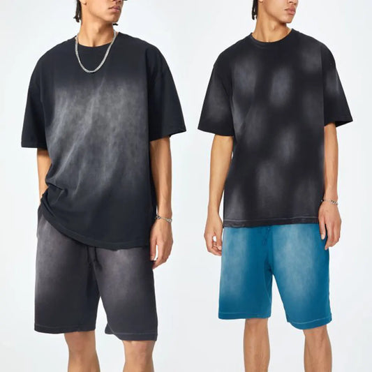 Heavyweight Cotton Supplier Low MOQ Vintage Spray Wash Blank Custom Logo Casual Crewneck Tee