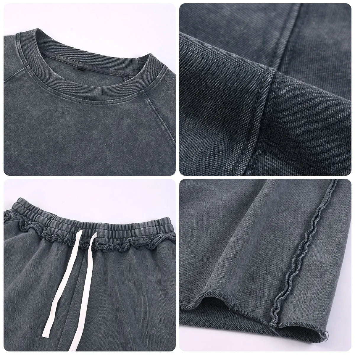 Heavyweight Cotton Supplier Low MOQ Acid Wash Garment Dye Blank Custom Print Casual Raglan Sleeve Sweatsuit Set