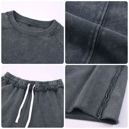 Heavyweight Cotton Supplier Low MOQ Acid Wash Garment Dye Blank Custom Print Casual Raglan Sleeve Sweatsuit Set