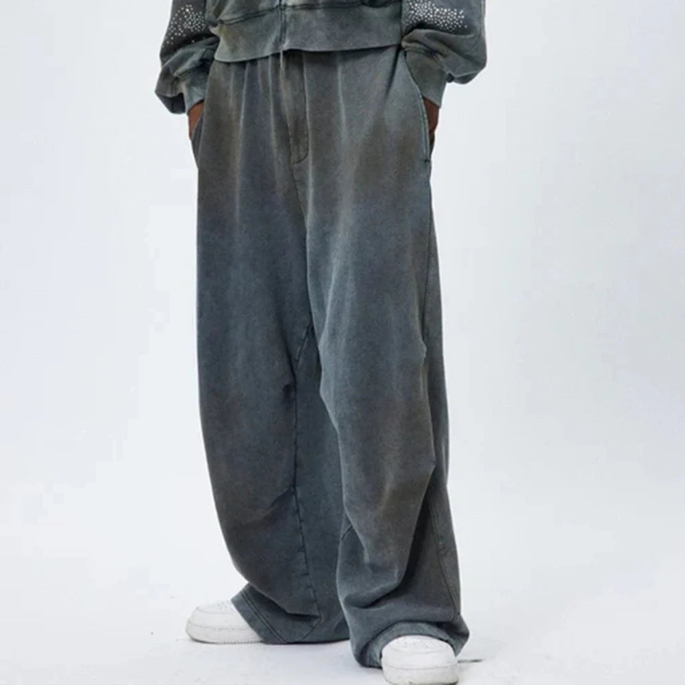 Huilin New Style Oversized Wide Leg Heavyweight Cotton Sweat Pants Men Custom Rivet Decorated Baggy Sweatpants