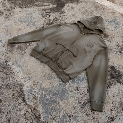 Custom Embroidery logo Zip up Hoodies Men Distressed Vintage Washed 400 Gsm Heavyweight Sunfaded Boxy Hoodie