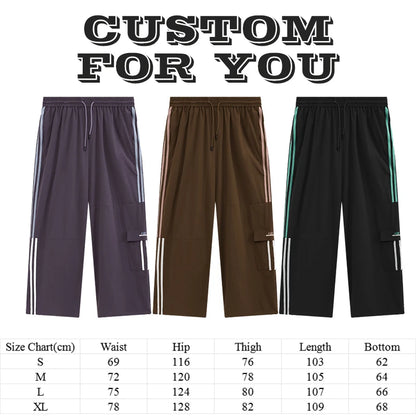 Striped Side Pockets Nylon Track Pants Men Custom Straight Wide Leg Oversized Baggy Parachute Pants