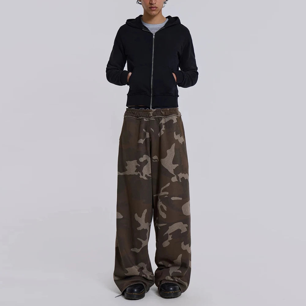 Huilin Manufacturer Oem 100% Cotton Heavyweight Wide Leg Sweatpants Men Custom Dtg Printed Oversized Fit Baggy Camo Sweatpants