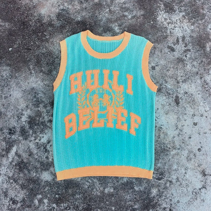 Basic Crew Neck Loose Fit Unisex Tshirts Custom Embroidery logo Men Crochet Knit Sleeveless Sweater T-shirt