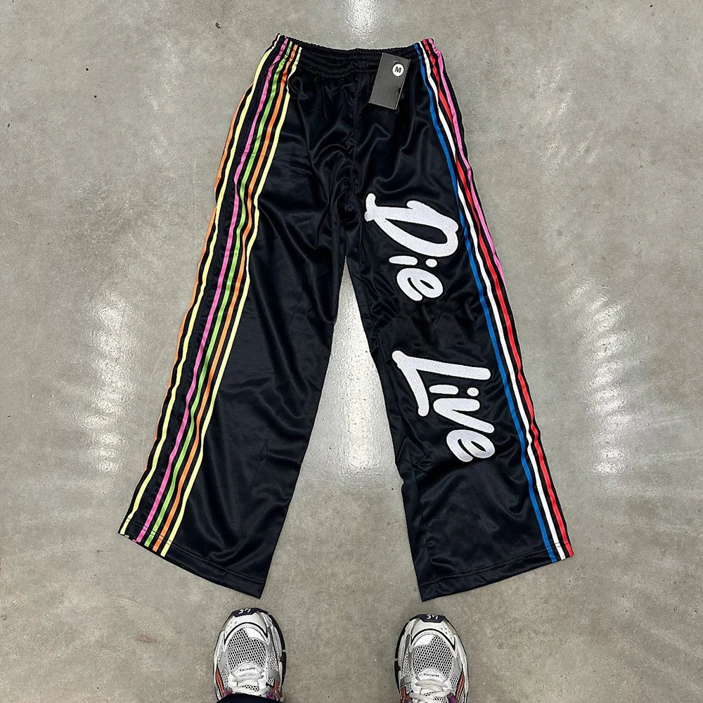 Huilin Manufacturer Oem Elastic Waist Unisex Nylon Pants Custom Striped Men Snap Button Side Wide Leg Track Pants