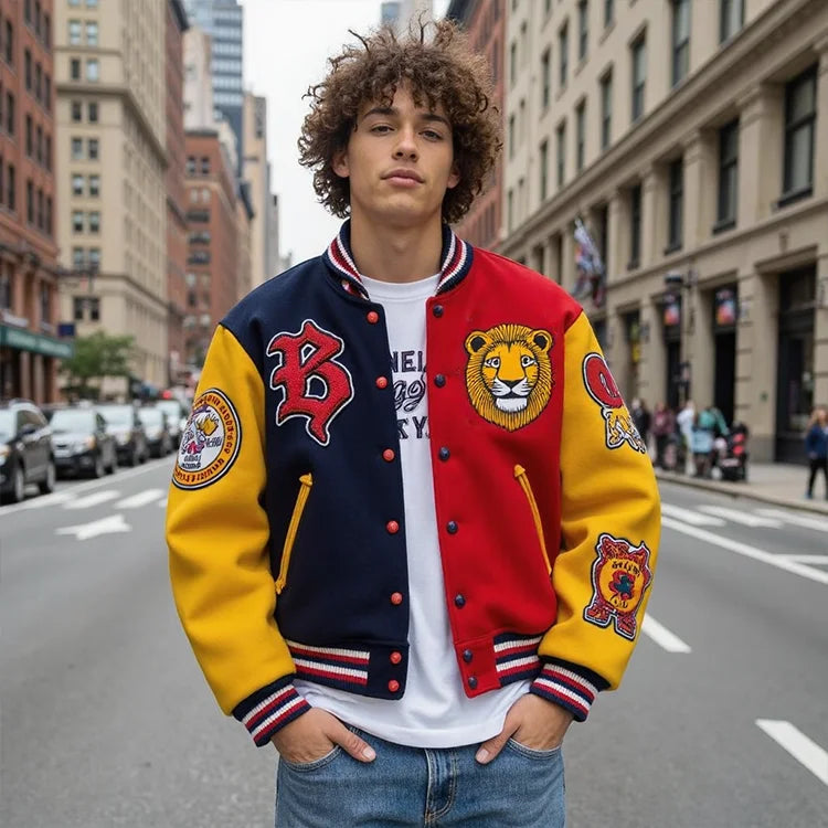 Appliques Patchwork Varsity Jacket Chenille Embroidery Badge Jacket High Quality Men Colorful Street Jacket Custom